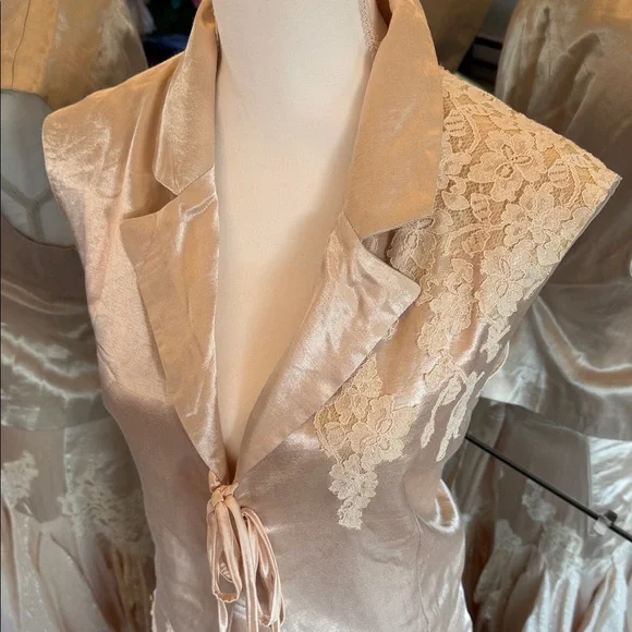 Free People Champagne Lace-Trim Asymmetrical Satin Dress - Picture 3 of 15